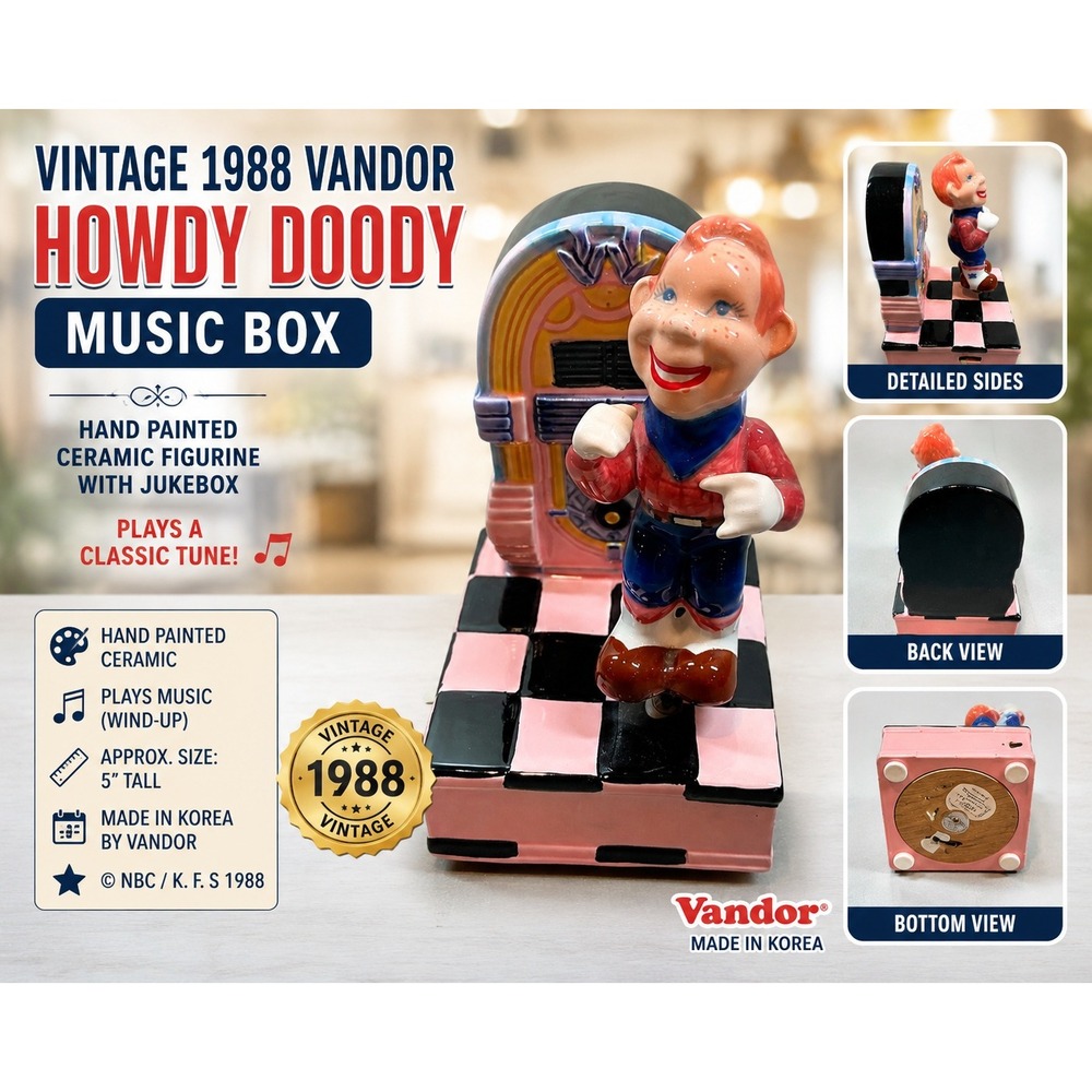 Vintage 1988 Vandor Howdy Doody Ceramic Music Box Jukebox Figurine Pelzman Korea